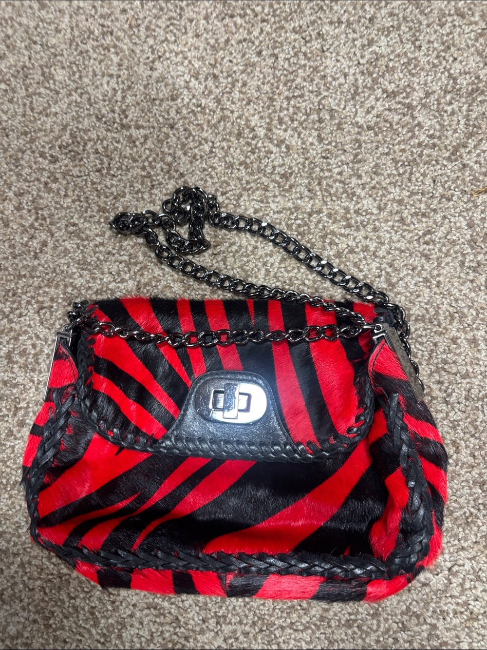 Badgley Mischka Red and Black Zebra animal hair Chain Shoulder Bag - vintage - Picture 3 of 10